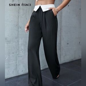 Elegant Black Women's Dress Slacks Trousers Pants with White Trendy Waist Detail